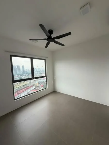 Room features: white painted walls, floor-to-ceiling windows, 5-blade ceiling fan, grey tile flooring, city view; style: modern; view: city.