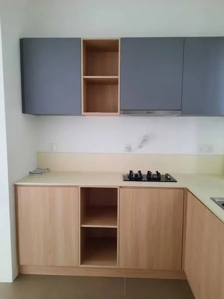 Kitchen features: light wood cabinetry, grey upper cabinets, cream countertop, gas cooktop with 4 burners, open shelving, no visible appliances, neutral wall color, tile flooring; style: modern.