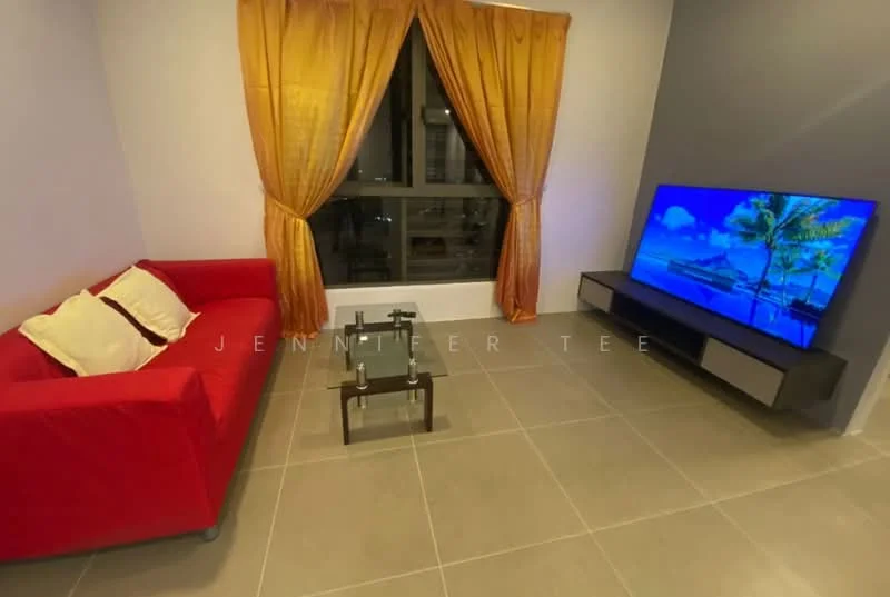 Living features: red fabric sofa, glass coffee table, floor-to-ceiling windows, yellow sheer curtains, grey accent wall, light grey tile flooring, wall-mounted TV, TV console with storage; style: modern.