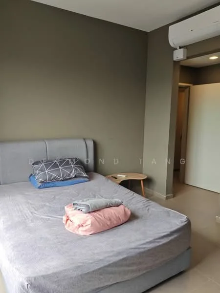 Bedroom features: queen-size bed, upholstered headboard, bedside table, light grey bedding, cream walls, wall-mounted air conditioning unit, sliding door, tile flooring, natural light from door, decorative throw pillows; style: modern.