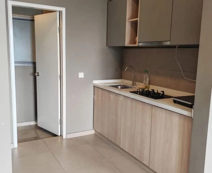 Kitchen features: light grey cabinetry, white countertop, single-bowl stainless-steel sink, chrome pull-down faucet, 4-burner gas hob, built-in oven, tile backsplash, cream tile flooring, wall-mounted range hood, open shelving, door leading to utility area; style: modern.