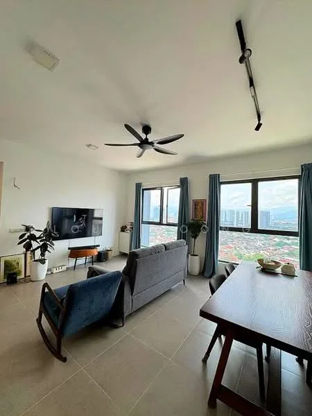 Living features: 5-blade ceiling fan with light, wall-mounted TV, TV console, 2-seater fabric sofa in grey, rocking chair, dining table, upholstered dining chairs, floor-to-ceiling windows, curtains, decorative artwork, ceramic plant pot, tile flooring, recessed downlights; style: modern; view: city.
