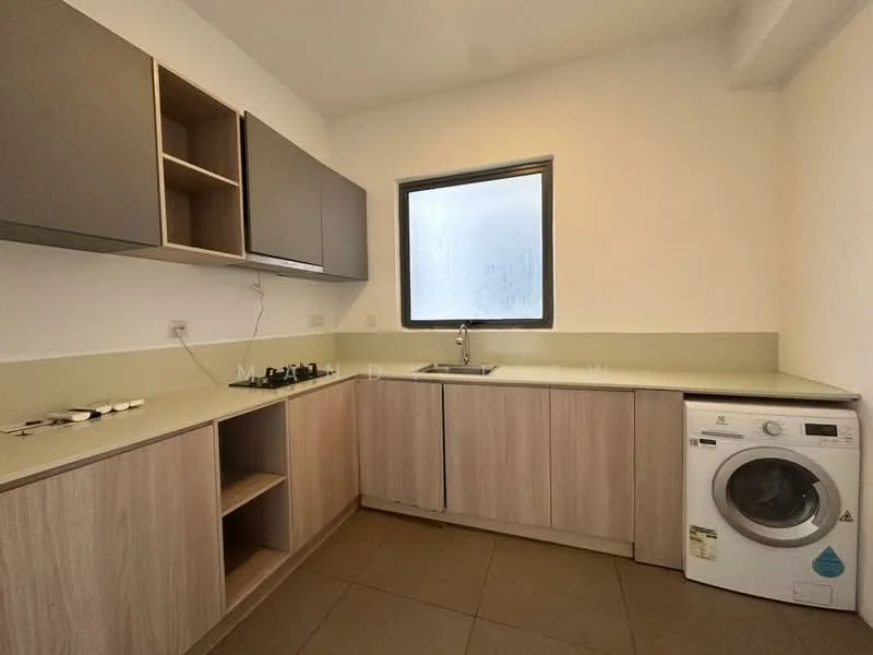 Kitchen features: light grey upper cabinets, wooden lower cabinets, light-colored countertop, single-bowl stainless-steel sink, chrome faucet, built-in washing machine, tile flooring, window with frosted glass; style: modern.