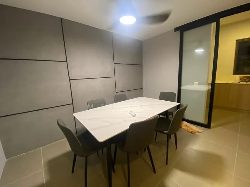 Dining features: rectangular dining table with white marble top, 6 upholstered dining chairs in grey, grey accent wall with paneling, light grey tiled flooring, ceiling fan, glass sliding door, open kitchen view, neutral color palette; style: modern.