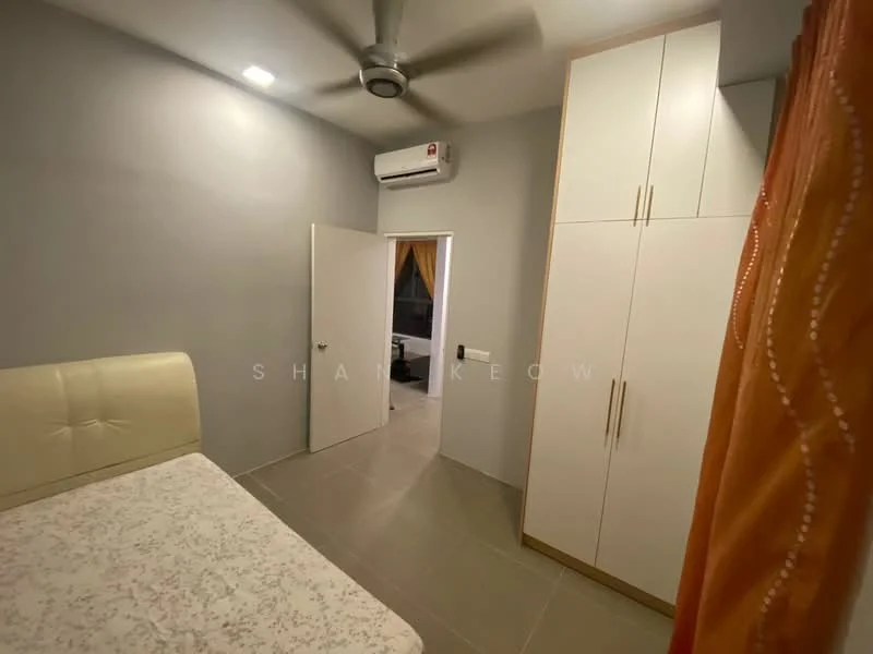 Room features: grey painted walls, tile flooring, 5-blade ceiling fan, wall-mounted split AC, white built-in wardrobe with sliding doors, white door, curtains in orange, light fixture on ceiling; style: modern.