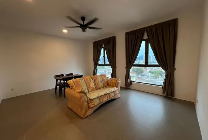 Living features: 3-seater fabric sofa with floral pattern, ceiling fan, floor-to-ceiling windows, brown curtains, tile flooring, dining table for 4, city view, light-colored walls; style: modern; view: city.