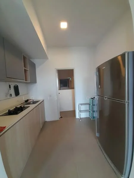Kitchen features: white painted walls, light wood cabinetry, grey upper cabinets, stainless-steel fridge, built-in oven, 4-burner gas hob, single-bowl stainless-steel sink, chrome pull-down faucet, tile flooring, recessed downlights, open shelving, countertop with space for appliances; style: modern.