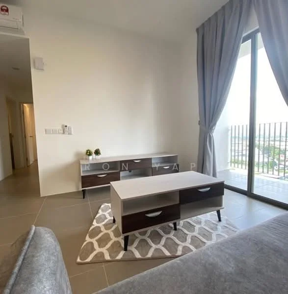 Living features: grey fabric sofa, coffee table with drawers, area rug with geometric pattern, floor-to-ceiling windows, curtains, neutral wall colour, tile flooring, decorative plants; style: modern; view: city. Room features: light-coloured walls, doorway leading to hallway.