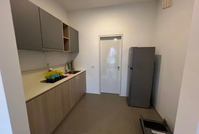Kitchen features: light grey upper cabinets, wooden lower cabinets, white countertop, stainless-steel fridge, single-bowl stainless-steel sink, chrome pull-down faucet, tile flooring, white painted walls, door leading to another room; style: modern.