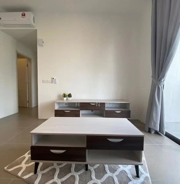 Living features: light grey walls, floor-to-ceiling windows, grey curtains, light-colored coffee table with storage, white console table with drawers, neutral area rug with geometric pattern, tile flooring, wall-mounted split AC; style: modern.