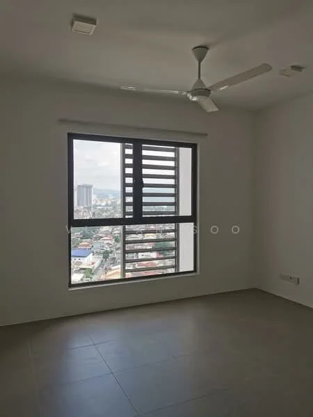 Room features: large window with city view, sliding window with louvre panels, white painted walls, ceiling fan, tile flooring, no visible furniture or decor; style: modern; view: city.