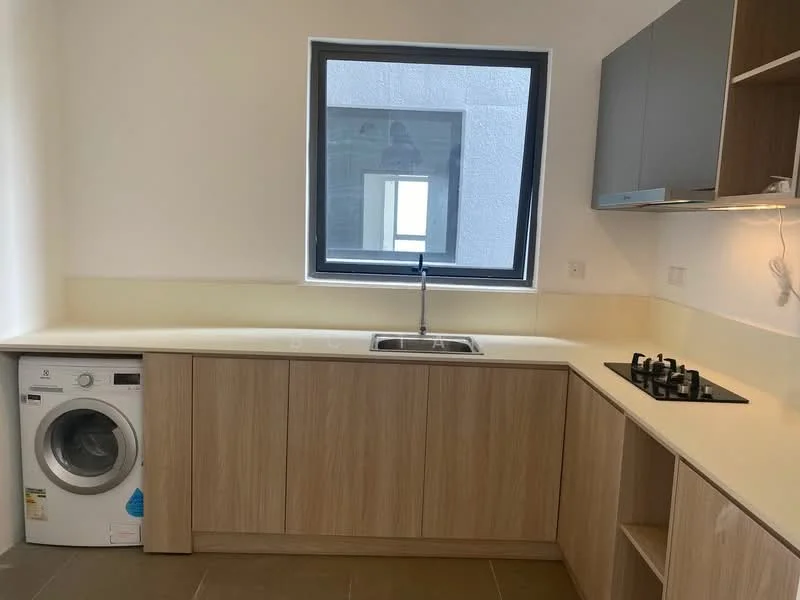 Kitchen features: single-bowl stainless-steel sink, chrome pull-down faucet, laminate countertop, wood cabinetry, built-in gas hob, front-load washing machine, tile flooring, window with view, under-cabinet lighting; style: modern.
