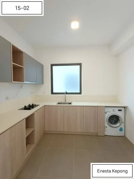 Kitchen features: grey upper cabinets, wood lower cabinets, white countertop, single-bowl stainless-steel sink, chrome pull-down faucet, 4-burner gas hob, built-in washing machine, tile flooring, window with frosted glass, recessed ceiling light; style: modern.