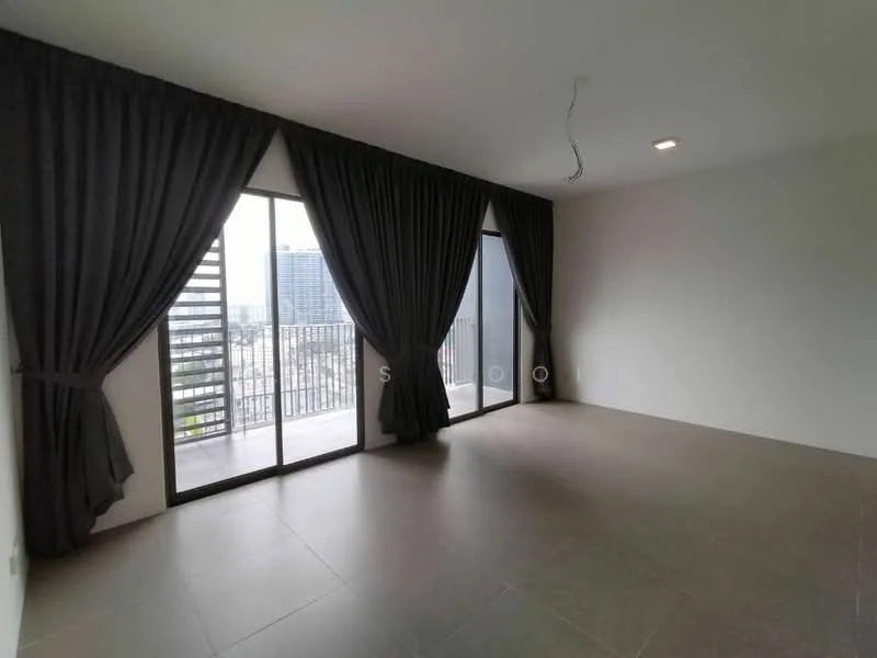 Room features: floor-to-ceiling windows, grey curtains, white painted walls, tile flooring, recessed downlights, balcony access, open layout, city view; style: modern; view: city.