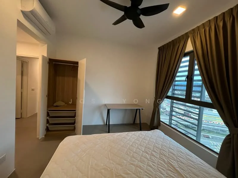 Bedroom features: queen-size bed, upholstered headboard, floor-to-ceiling windows, curtains, ceiling fan, study desk, built-in wardrobe, light-colored walls, laminate flooring, air conditioning unit; style: modern; view: city.