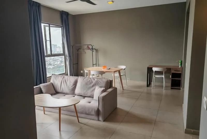 Living features: 3-seater fabric sofa in light grey, coffee table with round top, dining table for 4, white dining chairs, floor-to-ceiling windows, grey painted walls, tile flooring, ceiling fan, curtains in dark blue, desk with chair; style: modern; view: city.