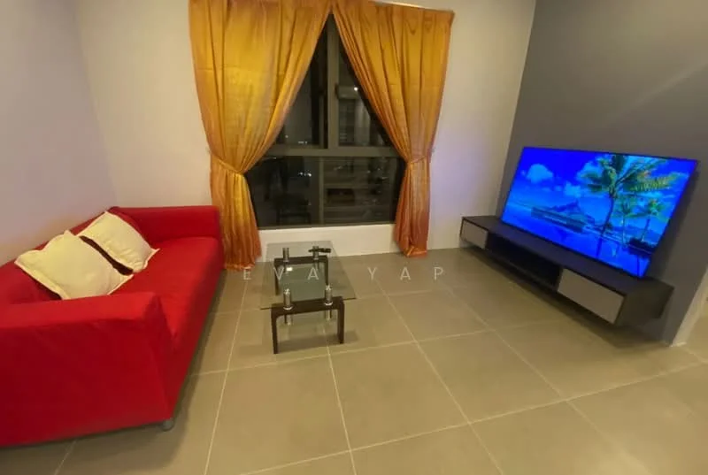 Living features: red fabric sofa, glass coffee table, floor-to-ceiling windows, yellow sheer curtains, grey accent wall, light grey tiled flooring, wall-mounted TV, TV console with storage; style: modern; view: city.