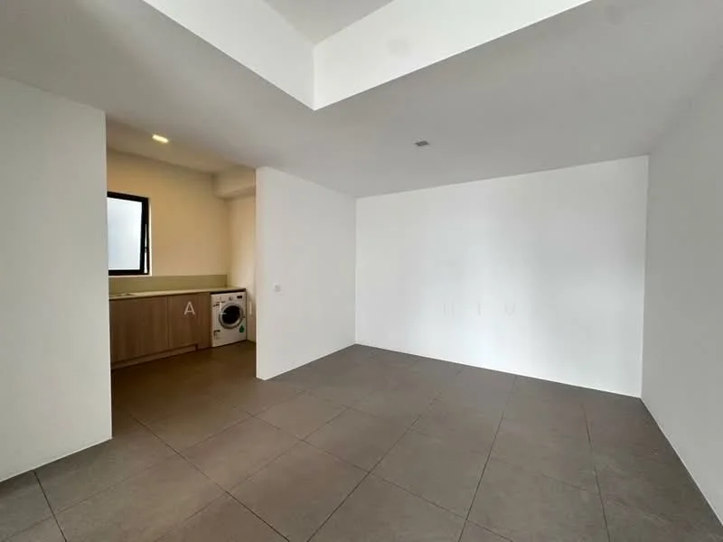 Room features: white painted walls, grey floor tiles, kitchen area with countertop, built-in cabinetry in kitchen, window with natural light, washing machine, open layout, recessed ceiling; style: modern.