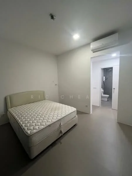 Bedroom features: queen-size bed, light-colored upholstered headboard, white walls, recessed downlights, wall-mounted split AC, grey tiled flooring, doorway leading to bathroom, empty space, minimalist decor; style: modern.