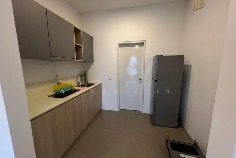 Kitchen features: light grey upper cabinets, wooden lower cabinets, white countertop, stainless-steel fridge, single-bowl stainless-steel sink, chrome pull-down faucet, tile flooring, white walls, door leading to another room, open shelving, kitchen appliances on countertop; style: modern.