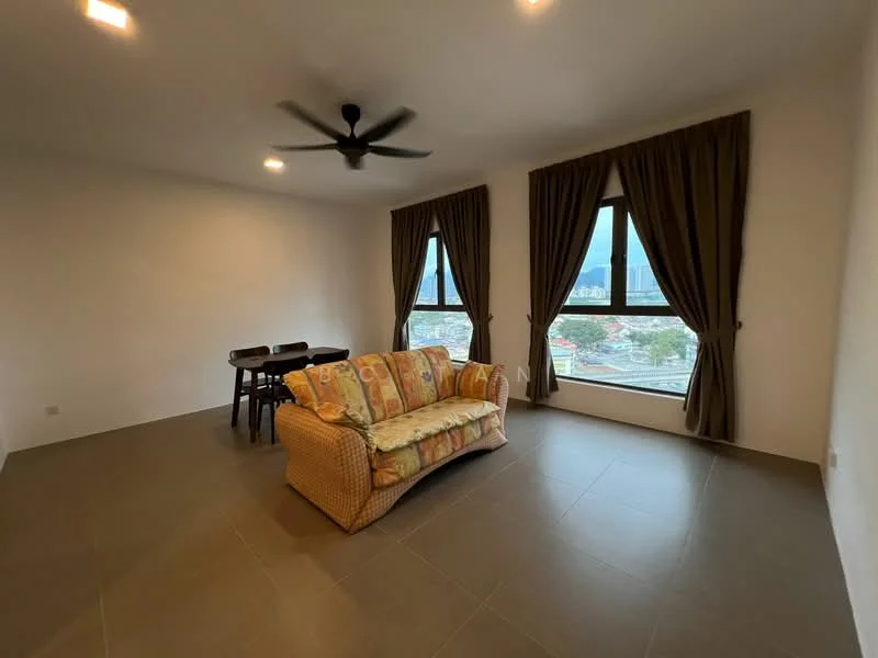 Living features: 3-seater fabric sofa with floral pattern, wooden dining table for 2, floor-to-ceiling windows, brown curtains, ceiling fan, tile flooring, white painted walls, city view; style: modern; view: city.