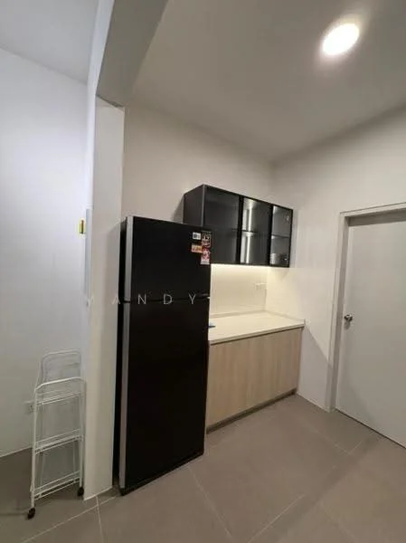 Kitchen features: black fridge, wood cabinetry, white countertop, ceramic tile flooring, wall-mounted cabinets, single-bowl stainless-steel sink, chrome faucet, recessed downlights, open shelving, neutral painted walls; style: modern.