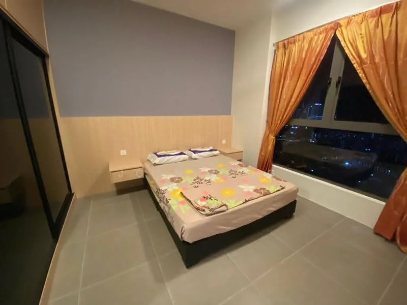 Bedroom features: king-size bed, upholstered headboard, bedside tables, floor-to-ceiling windows, orange curtains, grey accent wall, light grey tile flooring, built-in wardrobe with mirrored doors; style: modern; view: city.