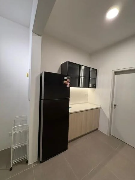 Kitchen features: black fridge, light wood cabinetry, white countertop, wall-mounted upper cabinets, grey tile flooring, single-bowl stainless-steel sink, chrome faucet, door leading to another room; style: modern.