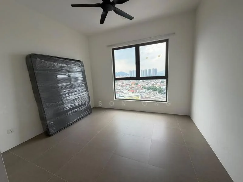 Bedroom features: light grey painted walls, large window with city view, black ceiling fan, tile flooring, unmade bed with mattress wrapped in plastic, no visible closet or storage, neutral decor, bright natural light; style: modern; view: city.