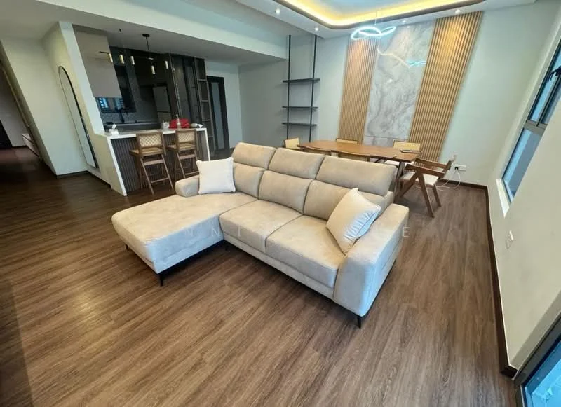 Living features: L-shape sectional sofa in beige, coffee table, dining table with chairs, wooden flooring, recessed ceiling lights, wall-mounted decor, large windows, open layout to kitchen, decorative wall paneling; style: modern.