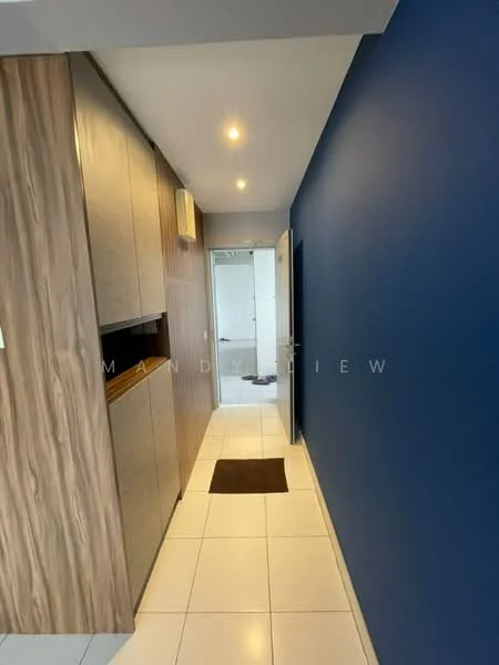 Room features: white tiled flooring, blue accent wall, wooden cabinetry with grey finish, recessed downlights, doorway leading to another room, matte black doormat; style: modern.