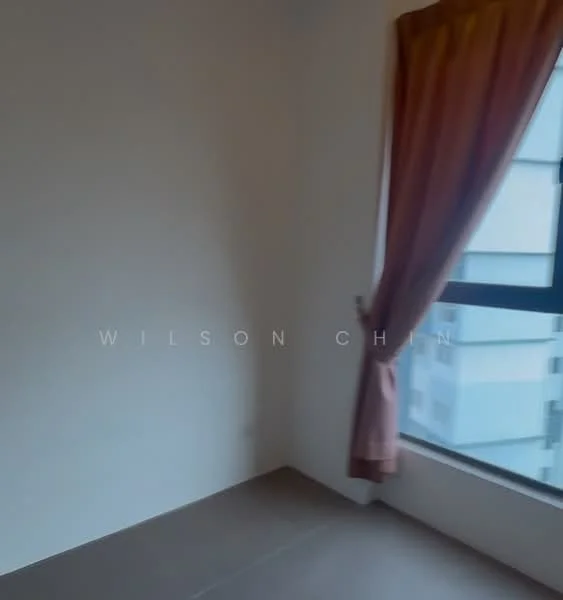 Room features: white painted walls, brown curtain, floor-to-ceiling window, tile flooring.