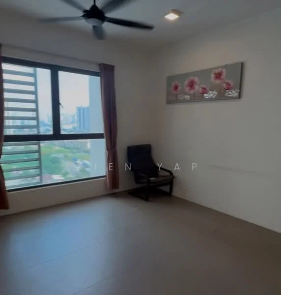 Room features: floor-to-ceiling window, city view, light brown tiled flooring, ceiling fan, wall-mounted artwork, brown curtains, corner chair, neutral painted walls; style: modern; view: city.
