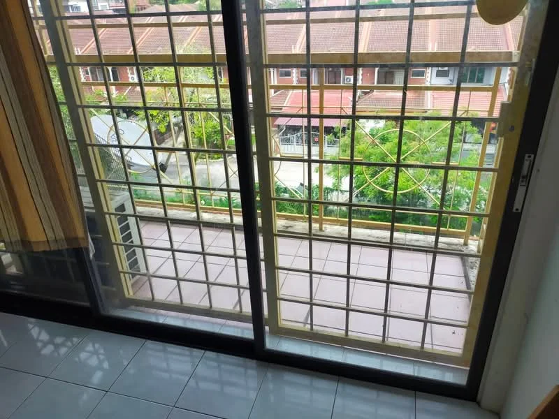Room features: floor-to-ceiling windows, sliding glass door, white tiled flooring, curtains, balcony view, metal railing, outdoor space, greenery visible outside; view: garden.