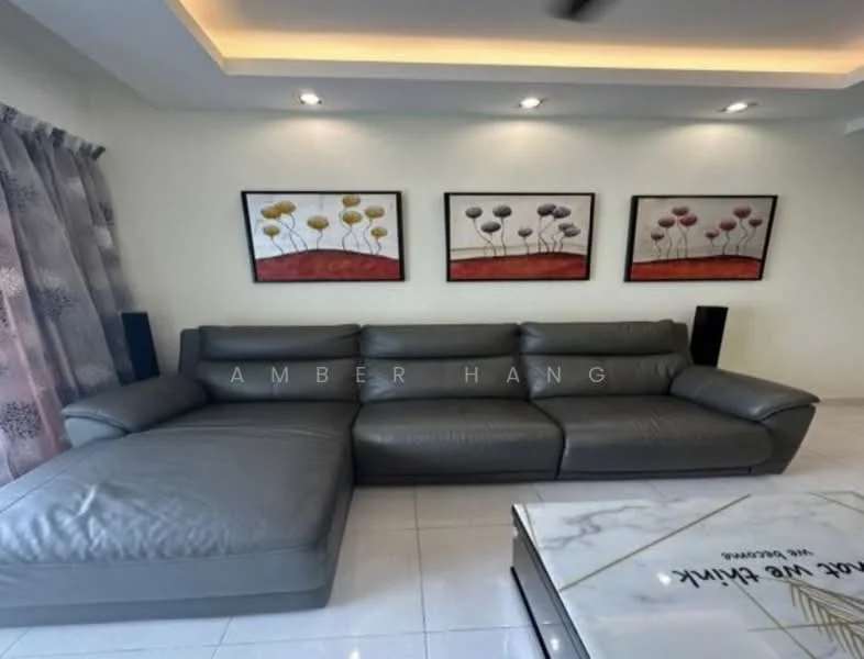 Living features: L-shape sectional sofa in grey leather, marble coffee table, framed artwork with abstract floral design, recessed downlights, curtains with floral pattern, white painted walls, tile flooring, wall-mounted speakers; style: modern.