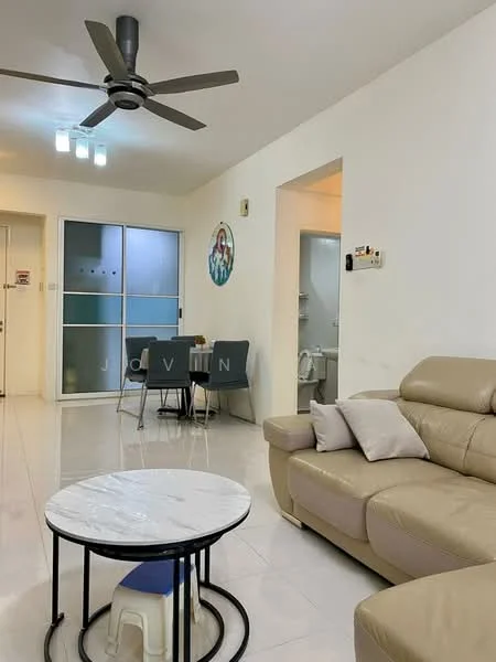 Living features: 3-seater leather sofa in beige, coffee table with marble top, ceiling fan, white walls, tile flooring, decorative wall art, area rug, wall-mounted light fixtures; style: modern. Room features: glass sliding door, unknown flooring, unknown wall color.