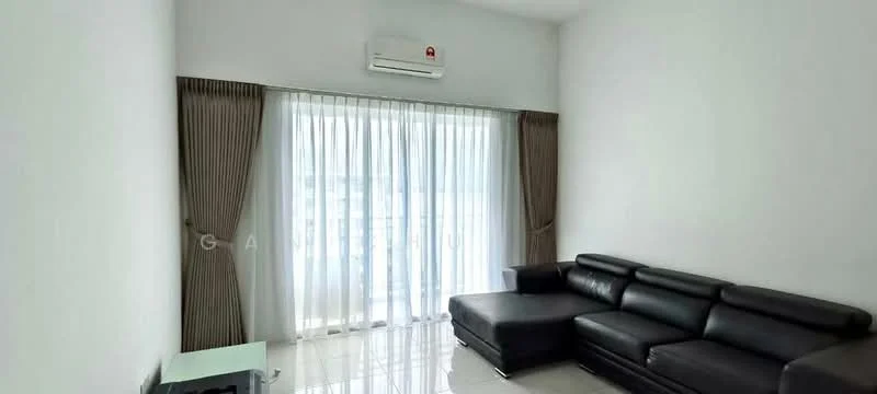 Living features: black leather sectional sofa, floor-to-ceiling windows, sheer curtains, white painted walls, glossy tile flooring, wall-mounted split AC, decorative wall panel, minimalist decor; style: modern.