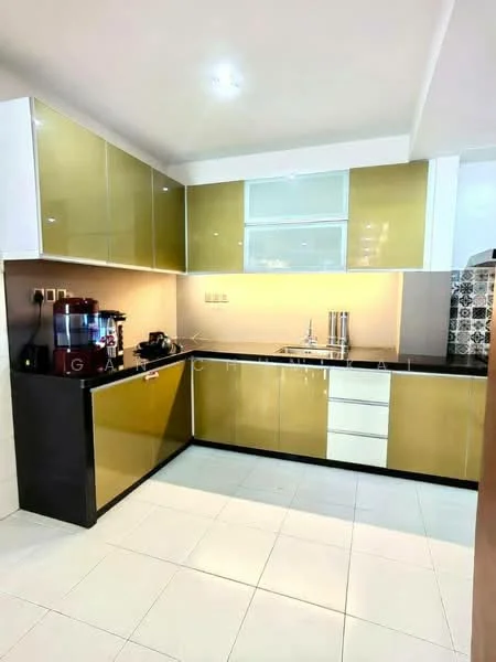 Kitchen features: gold and white cabinetry, black countertop, stainless-steel sink, chrome faucet, built-in oven, microwave, coffee machine, tile backsplash with geometric pattern, recessed lighting, ceramic tile flooring, open shelving, kitchen island, appliances in black and stainless steel; style: modern.