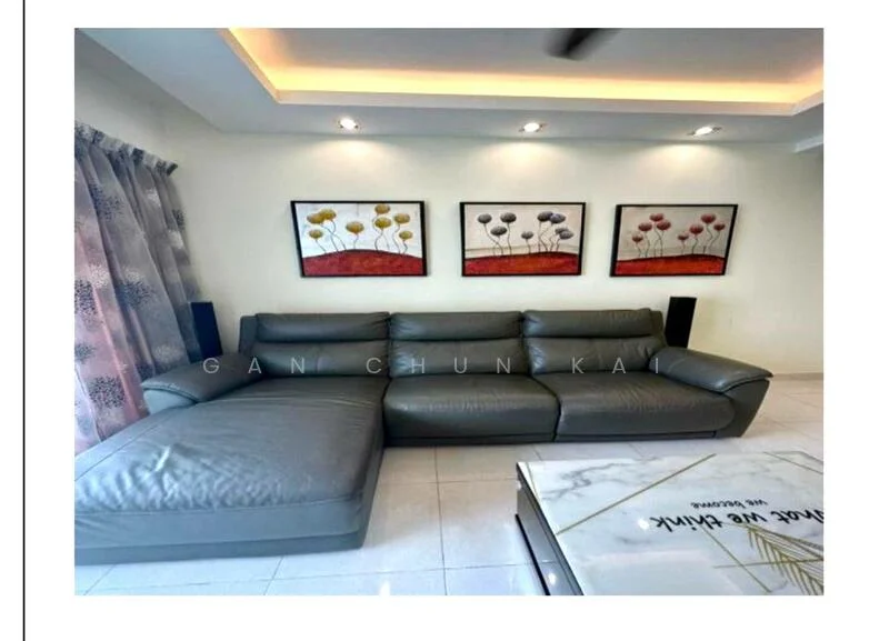 Living features: L-shape sectional sofa in grey, marble coffee table, framed artwork on walls, white painted walls, recessed downlights, floor-to-ceiling windows, curtains with floral pattern, tile flooring; style: modern.