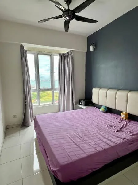 Bedroom features: king-size bed with upholstered headboard, purple bedspread, floor-to-ceiling windows, grey curtains, white painted walls, dark accent wall, polished tile flooring, ceiling fan with light; style: modern; view: garden.