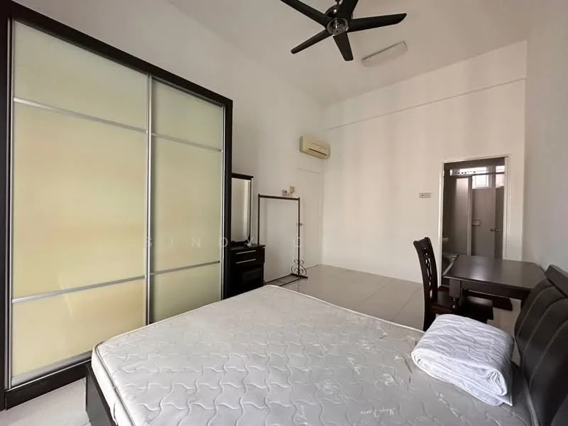 Bedroom features: king-size bed, upholstered headboard, white bedding, built-in wardrobe with frosted glass doors, dark wood dresser, study desk with chair, floor tiles, ceiling fan with light, air conditioning unit, wall-mounted mirror; style: modern.
