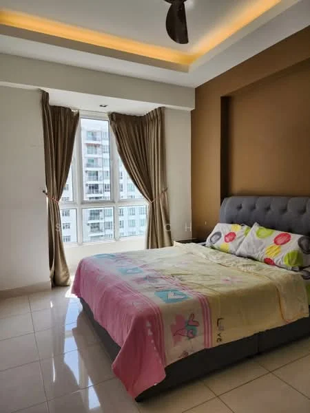 Bedroom features: king-size bed with upholstered headboard, bedding with colorful patterns, floor-to-ceiling window, curtains in beige, cream painted walls, accent wall in brown, recessed ceiling with LED lighting, polished tile flooring, ceiling fan; style: modern; view: city.