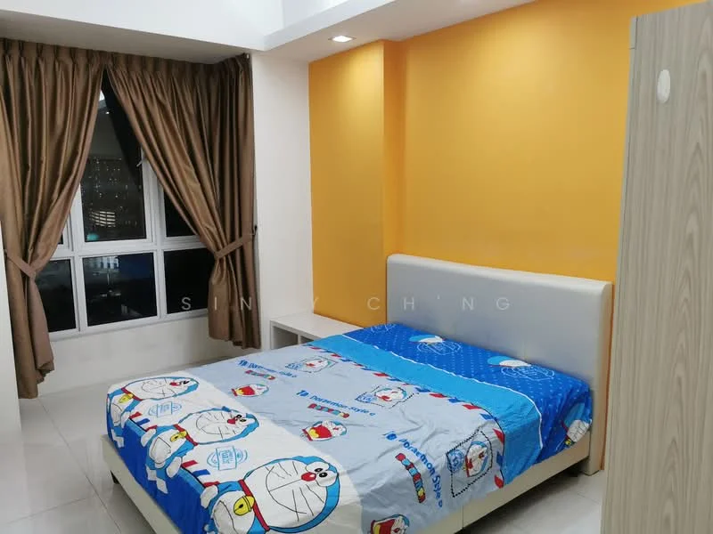 Bedroom features: queen-size bed with upholstered headboard, blue and white cartoon bedding, orange accent wall, cream painted walls, floor-to-ceiling windows, brown curtains, white tiled flooring, built-in wardrobe with wood finish, recessed ceiling lights; style: modern; view: city.