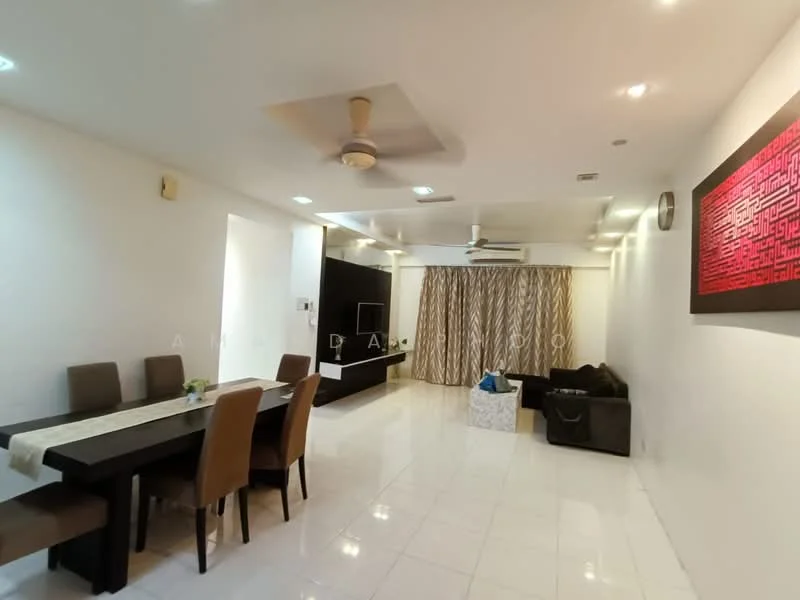 Living features: white painted walls, polished ceramic tile flooring, tray ceiling with recessed downlights, 5-blade ceiling fan, floor-to-ceiling windows with sheer curtains, wall-mounted TV, black entertainment unit, decorative wall art, sofa in dark color, dining table with 6 upholstered chairs, curtains, decorative vase on dining table; style: modern.