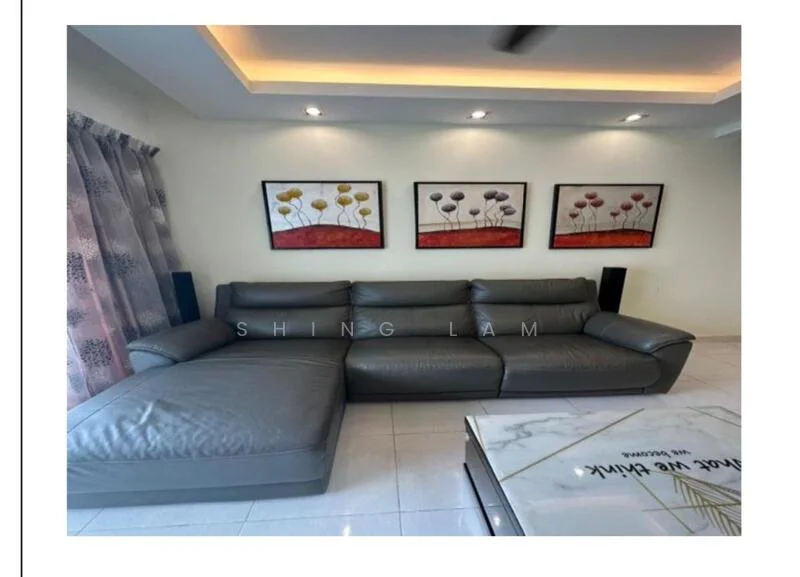 Living features: L-shape sectional sofa in grey, marble coffee table, framed artwork on walls, recessed downlights, white painted walls, glossy tile flooring, curtains with floral pattern, ceiling with cove lighting; style: modern.