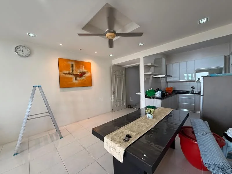 Living features: white painted walls, glossy tile flooring, 5-blade ceiling fan with light, wall clock, large artwork on wall, dining table with black surface, red chair, ladder, kitchen area visible, kitchen cabinetry, countertop, doorway to other room; style: modern.