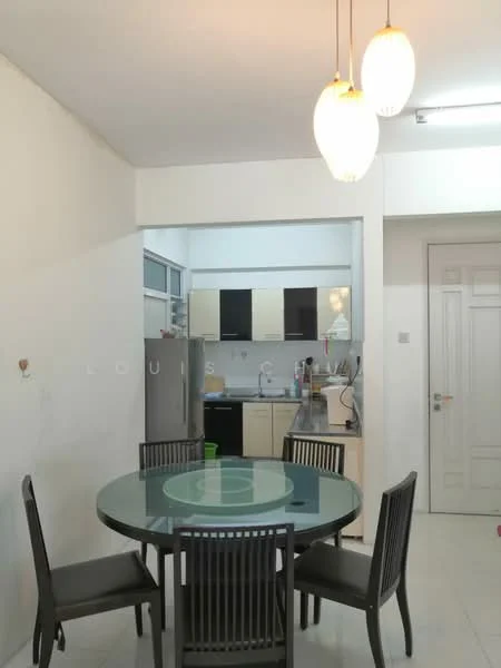 Dining features: round glass dining table, 4 black wooden dining chairs, white painted walls, tile flooring, 3 pendant lights, open layout to kitchen, kitchen visible in background; style: modern. Kitchen features: black and beige cabinetry, stainless-steel sink, built-in stove, microwave, refrigerator, countertop space, kitchen appliances visible; style: modern.