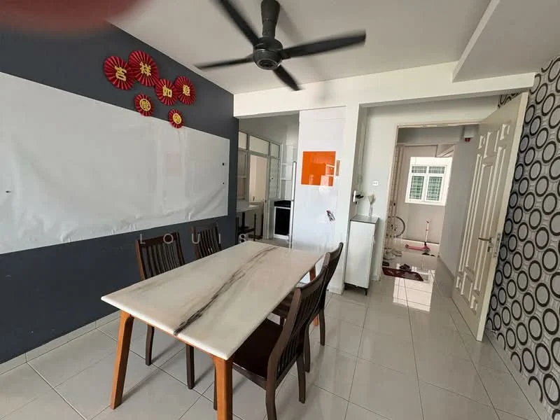 Dining features: marble dining table, 4 wooden dining chairs, white walls, grey accent wall, ceiling fan, tiled flooring, decorative wall with circular patterns, open layout to adjacent rooms; style: modern. Room features: white walls, tiled flooring, doorway to adjacent room, window with natural light.