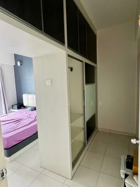 Room features: white walls, grey accent wall, tile flooring, built-in wardrobe with sliding doors, open shelving, bed with pink bedding, floor-to-ceiling windows, curtains, light fixture on wall; style: modern.