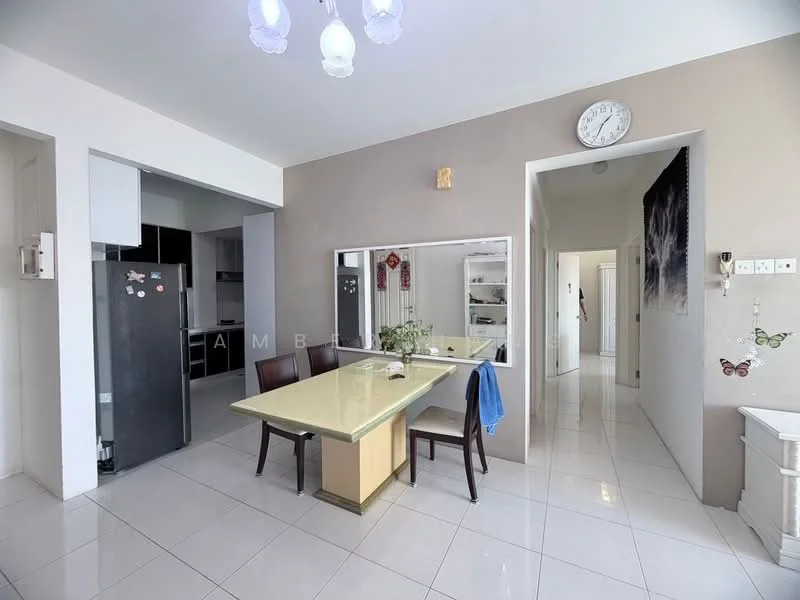 Dining features: rectangular dining table with glass top, 4 dining chairs, mirror on wall, white painted walls, tile flooring, ceiling light fixture, clock on wall, open layout to kitchen, doorway to hallway; style: modern. Kitchen features: black refrigerator, kitchen cabinetry, countertop, open layout to dining area; style: modern. Hallway features: white painted walls, tile flooring, doorway to other rooms; style: modern.
